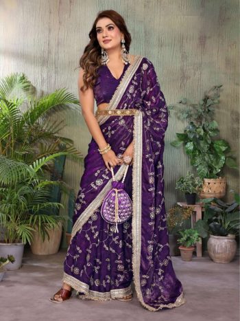 DESIGNER TONE AND EMBROIDERY WORK AND LACE BORDER SAREE WITH UNSTITCHED BLOUSE PURPLE