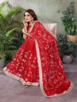 DESIGNER TONE AND EMBROIDERY WORK AND LACE BORDER SAREE WITH UNSTITCHED BLOUSE RED