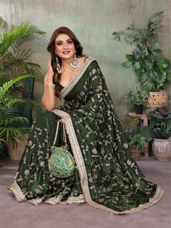 DESIGNER TONE AND EMBROIDERY WORK AND LACE BORDER SAREE WITH UNSTITCHED BLOUSE DARK GREEN