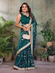 DESIGNER TONE AND EMBROIDERY WORK AND LACE BORDER SAREE WITH UNSTITCHED BLOUSE TEAL