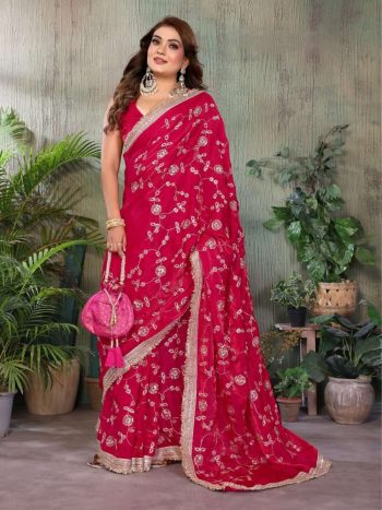 DESIGNER TONE AND EMBROIDERY WORK AND LACE BORDER SAREE WITH UNSTITCHED BLOUSE RANI