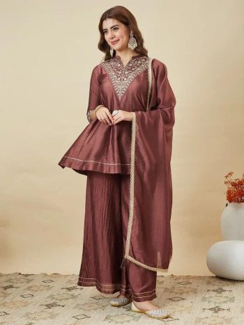 DESIGNER VICHITRA SILK EMBROIDERY WORK TOP BOTTOM WITH DUPATTA BROWN