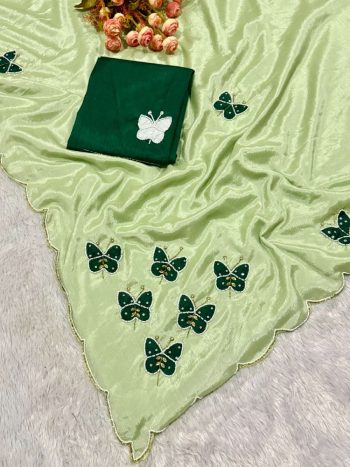ELEGANCE PREMIUM CHINON SILK  BEAUTIFUL ELEGANCE KHATLI WORK SAREE WITH UNSTITCHED BLOUSE DARK GREEN PARROT GREEN
