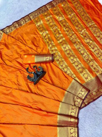 FABULOUS BANARASI TISSUE WEAVING SMALL CHECKS WORK WITH HEAVY BORDER SAREE WITH UNSTITCHED BLOUSE YELLOW