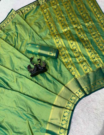 FABULOUS BANARASI TISSUE WEAVING SMALL CHECKS WORK WITH HEAVY BORDER SAREE WITH UNSTITCHED BLOUSE GREEN