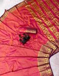 FABULOUS BANARASI TISSUE WEAVING SMALL CHECKS WORK WITH HEAVY BORDER SAREE WITH UNSTITCHED BLOUSE GAJARI