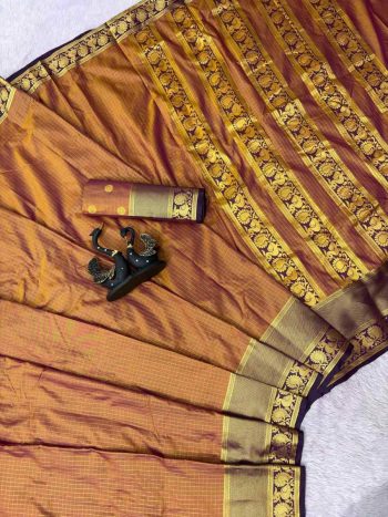 FABULOUS BANARASI TISSUE WEAVING SMALL CHECKS WORK WITH HEAVY BORDER SAREE WITH UNSTITCHED BLOUSE MUSTARD