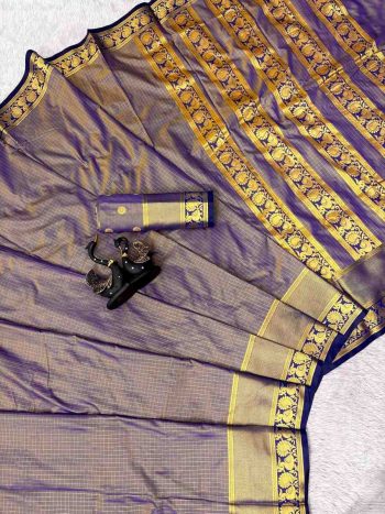 FABULOUS BANARASI TISSUE WEAVING SMALL CHECKS WORK WITH HEAVY BORDER SAREE WITH UNSTITCHED BLOUSE PIRPLE