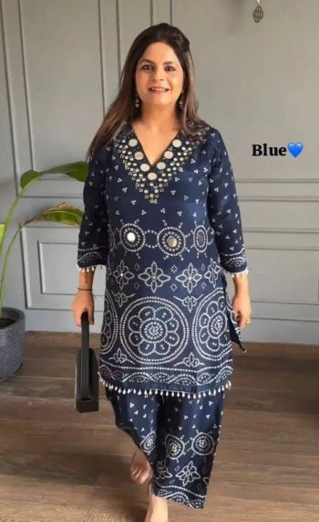 FABULOUS CHINON SILK  DIGITAL PRINT , HAND WORK AND FANCY LACE ATTACH CO - ORD SET DARK BLUE
