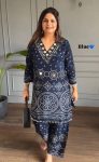 FABULOUS CHINON SILK  DIGITAL PRINT , HAND WORK AND FANCY LACE ATTACH CO - ORD SET DARK BLUE