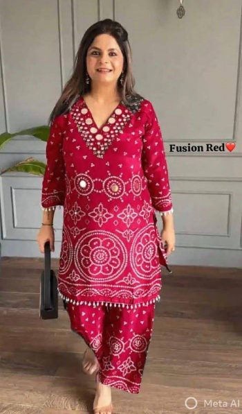 FABULOUS CHINON SILK  DIGITAL PRINT , HAND WORK AND FANCY LACE ATTACH CO - ORD SET RED