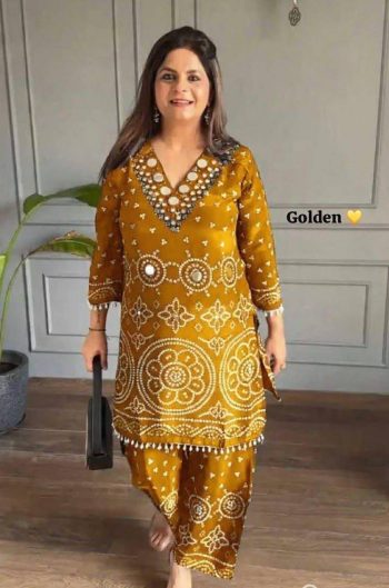 FABULOUS CHINON SILK  DIGITAL PRINT , HAND WORK AND FANCY LACE ATTACH CO - ORD SET YELLOW