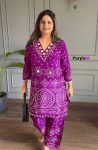 FABULOUS CHINON SILK  DIGITAL PRINT , HAND WORK AND FANCY LACE ATTACH CO - ORD SET PURPLE