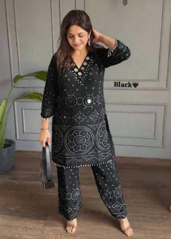 FABULOUS CHINON SILK  DIGITAL PRINT , HAND WORK AND FANCY LACE ATTACH CO - ORD SET BLACK