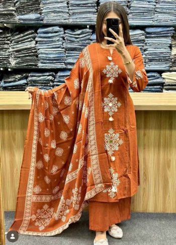 FABULOUS COTTON EMBROIDERY WORK TOP BOTTOM DUPATTA ORANGE