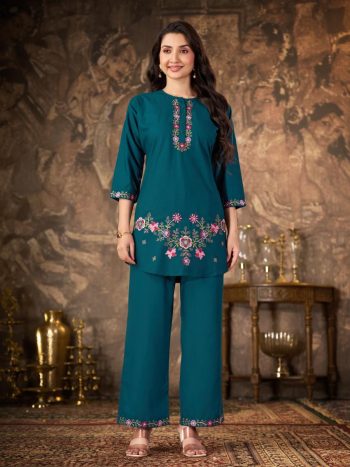 FABULOUS HEAVY RAYON MULTI EMBROIDERY THREAD WITH HAND WORK CO-ORD SET  TEAL