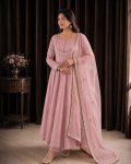FABULOUS ROMAN COTTON EMBROIDERY THREAD AND SEQUENCE WORK  GOWN BOTTOM WITH DUPATTA PINK