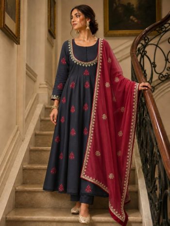 FABULOUS ROMAN COTTON EMBROIDERY THREAD AND SEQUENCE WORK  GOWN BOTTOM WITH DUPATTA NAVY BLUE AND RED