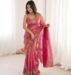 FABULOUSE PURE FENDY SATIN BEADS EMBROIDERY WITH SEQUENCES AND CUT WORK BORDER SAREE WITH UNSTITCHED BLOUSE PINK