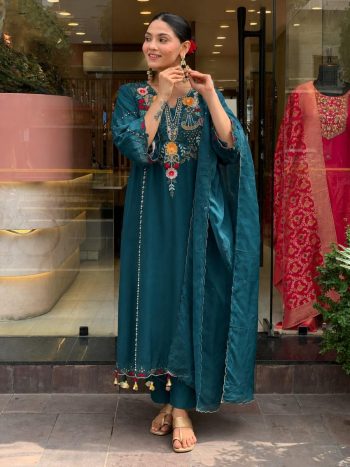 FANCY CHANDERI SILK SEQUENCE CODING EMBROIDERY WORK TOP BOTTOM WITH DUPATTA TEAL