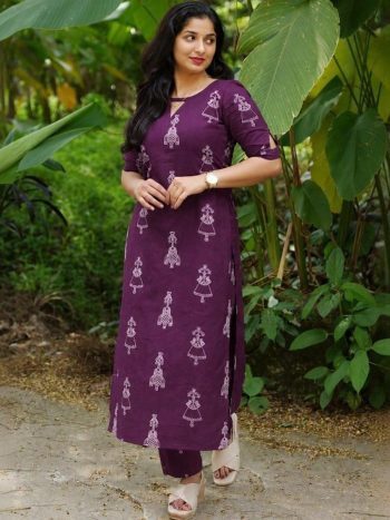 FANCY COTTON BLEND BLOCK PRINT WORK CO-ORD SET PURPLE