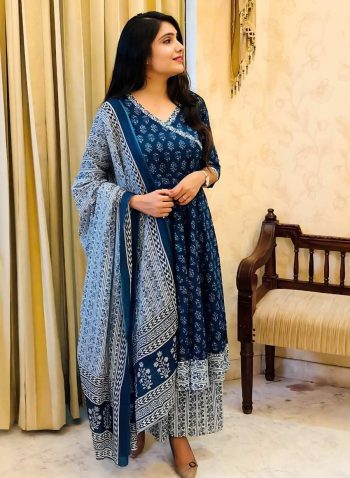 FANCY COTTON BLEND PRINT WORK TOP BOTTOM WITH DUPATTA BLUE