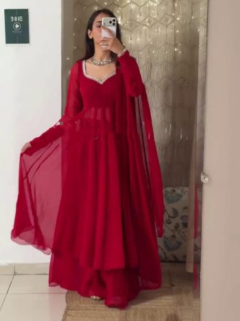 FANCY GEORGETTE FANCY MIRROR WORK ANARKALI PALAZZO WITH DUPATTA RED