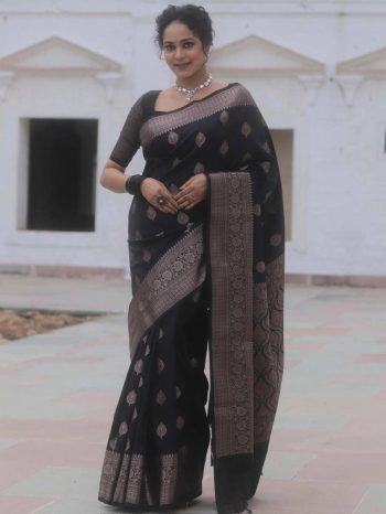 FANCY LICHI SILK WEAVING WORK SAREE WITH UNSTITCHED BLOUSE BLACK