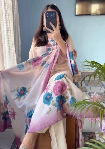 FANCY LINEN FLORAL PRINT WITH HEAVY HAND WORK TOP BOTTOM WITH DUPATTA PURPLE AND OFF WHITE
