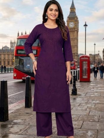 FANCY RAYON EMBROIDERY WORK CO-ORD SET PURPLE