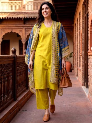 FANCY RAYON SLUB PLAIN TOP BOTTOM WITH DIGITAL PRINT WORK DUPATTA YELLOW