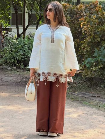 FANCY ROMAN EMBROIDERY WORK TOP PALAZZO SET WHITE AND CHIKU