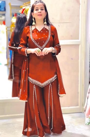 FANCY ROMAN GLASS REAL MIRROR WORK TOP PALAZZO WITH DUPATTA ORANGE