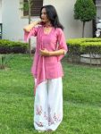 FANCY ROMAN SILK PLAIN TOP EMBROIDERY THREAD WORK PALAZZO WITH DUPATTA WHITE AND PINK