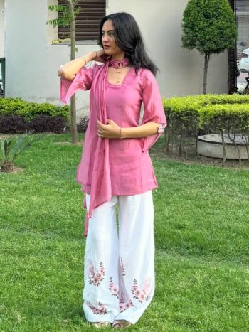 FANCY ROMAN SILK PLAIN TOP EMBROIDERY THREAD WORK PALAZZO WITH DUPATTA WHITE AND PINK
