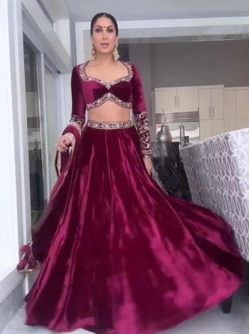 FANCY VELVET SEQUENCE , DORI & ZARI THREAD WORK LEHENGA CHOLI WITH DUPATTA WINE
