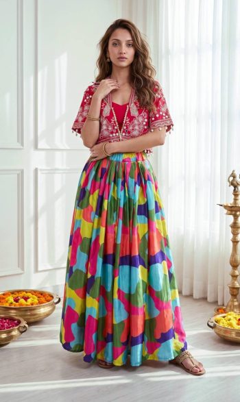 FASHIONABLE CHINON SILK EMBROIDERY SEQUENCE WORK WITH REAL MIRROR LEHENGA CHOLI WITH KOTI MULTI