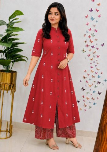 FASHIONABLE COTTON BLEND TRADITIONAL PRINT CO-ORD SET MAROON