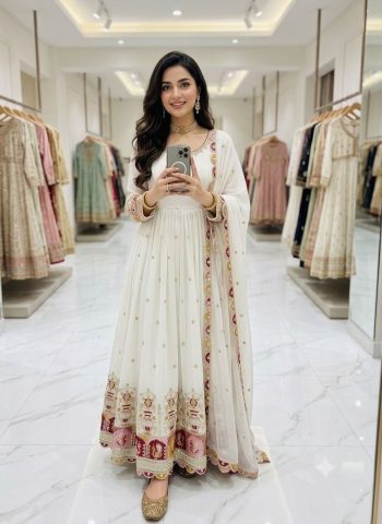 FASHIONABLE PURE BLOOMING GEORGETTE EMBROIDERY  AND SIQUENCE WORK GOWN BOTTOM WITH DUPATTA WHITE