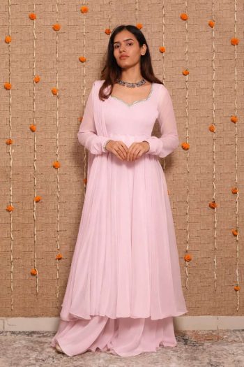 FASHIONABLE HEAVY GEORGETTE  REAL MIRROR LACE TOP PALAZZO WITH DUPATTA BABY PINK
