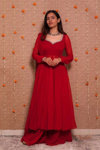 FASHIONABLE HEAVY GEORGETTE  REAL MIRROR LACE TOP PALAZZO WITH DUPATTA RED