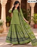 FASHIONABLE PREMIUM COTTON PRINT WORK TOP LEHENGA WITH DUPATTA PARROT GREEN PARROT GREEN