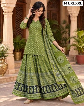 FASHIONABLE PREMIUM COTTON PRINT WORK TOP LEHENGA WITH DUPATTA PARROT GREEN PARROT GREEN