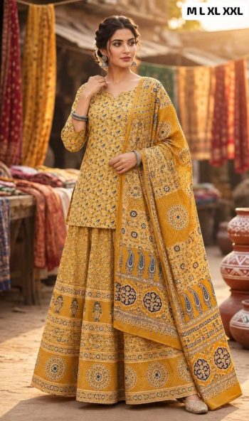 FASHIONABLE PREMIUM COTTON PRINT WORK TOP LEHENGA WITH DUPATTA YELLOW