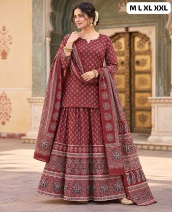 FASHIONABLE PREMIUM COTTON PRINT WORK TOP LEHENGA WITH DUPATTA MAROON