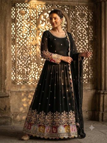 FASHIONABLE PURE BLOOMING GEORGETTE EMBROIDERY  AND SIQUENCE WORK GOWN BOTTOM WITH DUPATTA BLACK