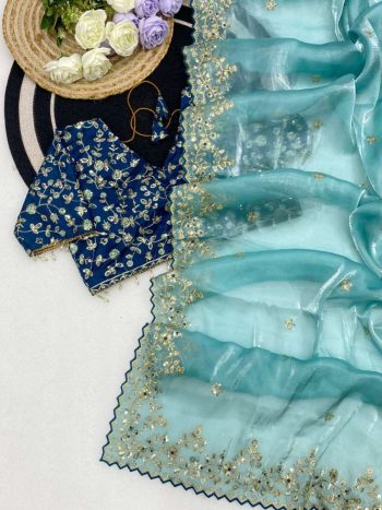 FASHIONABLE SATIN SILK EMBROIDERY SEQUENCE WORK WITH RICH FLORAL BORDER SAREE WITH UNSTITCHED BLOUSE SEA BLUE AND DARK BLUE