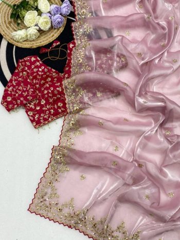 FASHIONABLE SATIN SILK EMBROIDERY SEQUENCE WORK WITH RICH FLORAL BORDER SAREE WITH UNSTITCHED BLOUSE BABY PINK AND RED