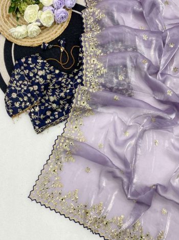 FASHIONABLE SATIN SILK EMBROIDERY SEQUENCE WORK WITH RICH FLORAL BORDER SAREE WITH UNSTITCHED BLOUSE LAVENDER AND DARK BLUE