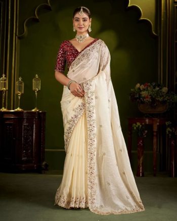 FASHIONABLE SATIN SILK EMBROIDERY SEQUENCE WORK WITH RICH FLORAL BORDER SAREE WITH UNSTITCHED BLOUSE OFF WHITE AND RED